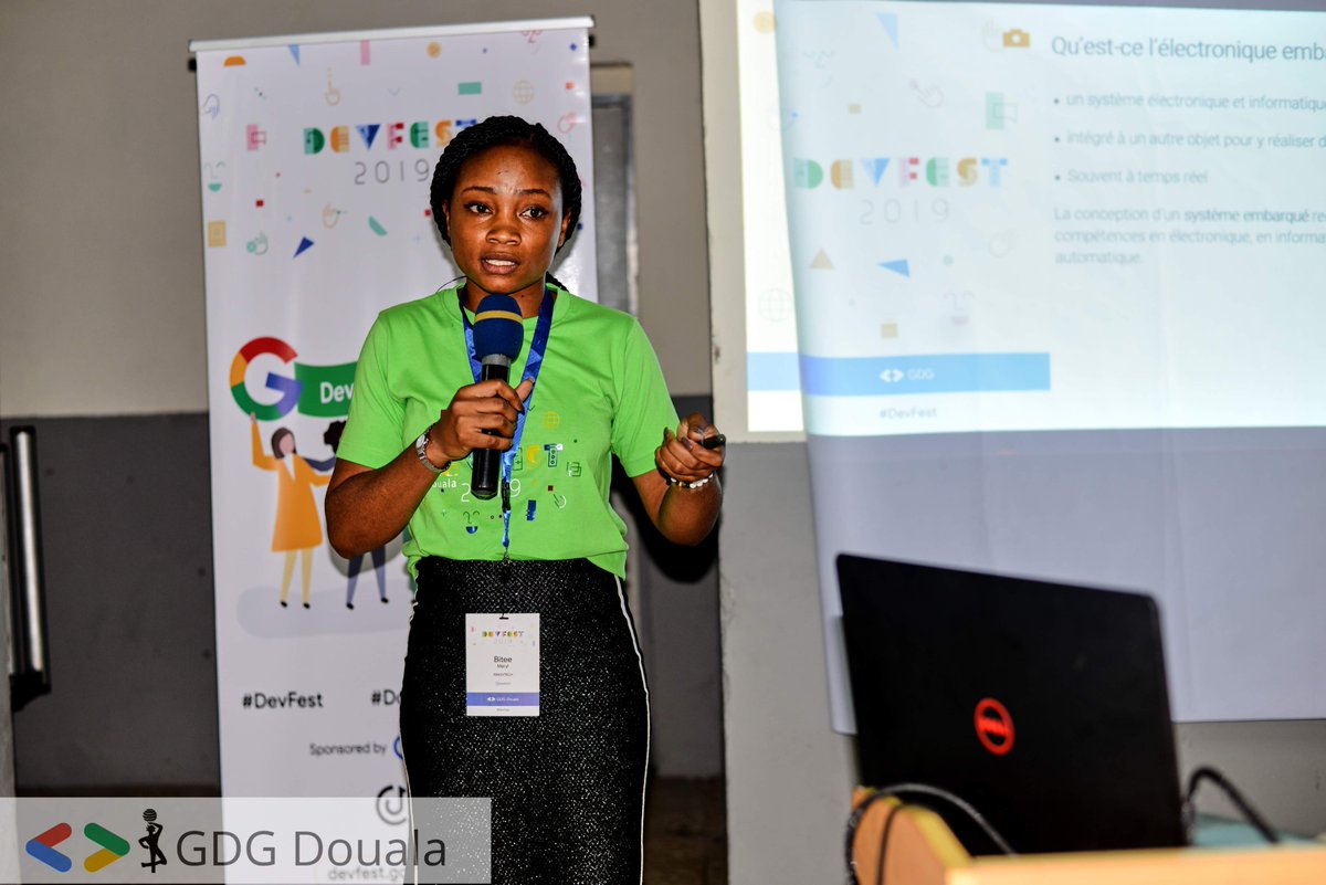 GDGDouala's tweet photo. #BackToDevFest2019. "A women in tech". @BiteeMeryl ne cesse de partager ses connaissances en technologie dans le cadre associatif. En 2019, il prenait le micro lors du DevFest pour parler d'Arduino et de bases en éléctronique. https://t.co/2bQnPgaRbM