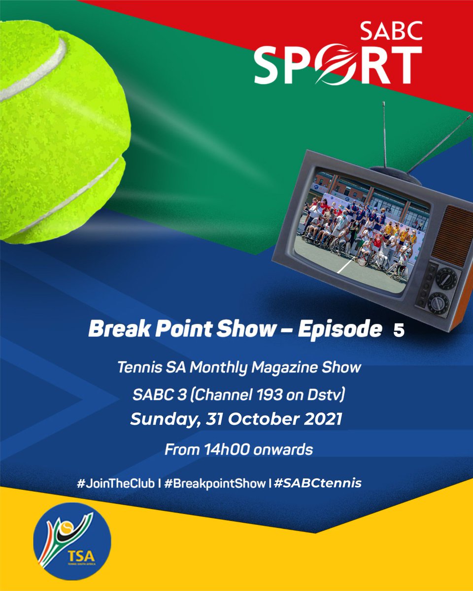 TennisSA's tweet photo. #BreakpointShow - Episode 5β£
πΉ The fifth episode of our monthly tennis magazine show will air this Sunday on @SPORTATSABC.
πΊ @SABC3
ποΈ Sunday, 31 October 2021
π 14h00 onwards
The show covers all areas of local tennis and shine a spotlight on SAβs rising stars. Tune in π€ https://t.co/T4kbaqZPSB