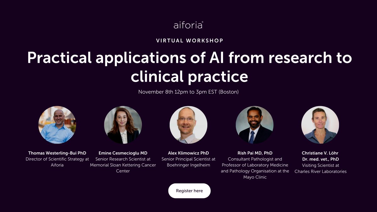 Aiforia (@aiforia_tech) on Twitter photo Register now for our workshop on Nov 8th! Speakers from <a href="/Boehringer/">Boehringer Ingelheim</a>, <a href="/MayoClinic/">Mayo Clinic</a>, <a href="/CRiverLabs/">Charles River Labs</a> & @sloan_kettering will present on their work utilizing deep learning AI for a variety of preclinical and clinical areas in pathology, oncology and more! bit.ly/3m2tM8u Register now for our workshop on Nov 8th! Speakers from <a href="/Boehringer/">Boehringer Ingelheim</a>, <a href="/MayoClinic/">Mayo Clinic</a>, <a href="/CRiverLabs/">Charles River Labs</a> & @sloan_kettering will present on their work utilizing deep learning AI for a variety of preclinical and clinical areas in pathology, oncology and more! bit.ly/3m2tM8u