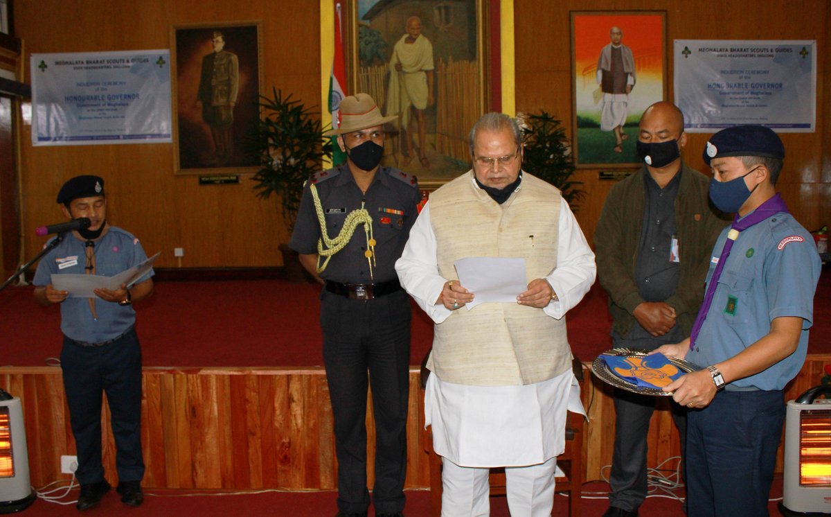 MeghalayaGov's tweet photo. Hon'ble Governor, Sh. @SatyapalMalik6 Ji inducted as the #ChiefPatron of the Meghalaya Bharat Scouts and Guides in a ceremony held today at the Durbar Hall, Raj Bhavan, Shillong @DiprMeghalaya (https://t.co/nUbCbn9K4v) https://t.co/MqrHmnZ3yl