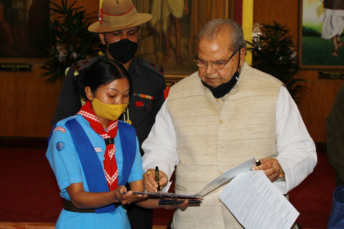 MeghalayaGov's tweet photo. Hon'ble Governor, Sh. @SatyapalMalik6 Ji inducted as the #ChiefPatron of the Meghalaya Bharat Scouts and Guides in a ceremony held today at the Durbar Hall, Raj Bhavan, Shillong @DiprMeghalaya (https://t.co/nUbCbn9K4v) https://t.co/MqrHmnZ3yl
