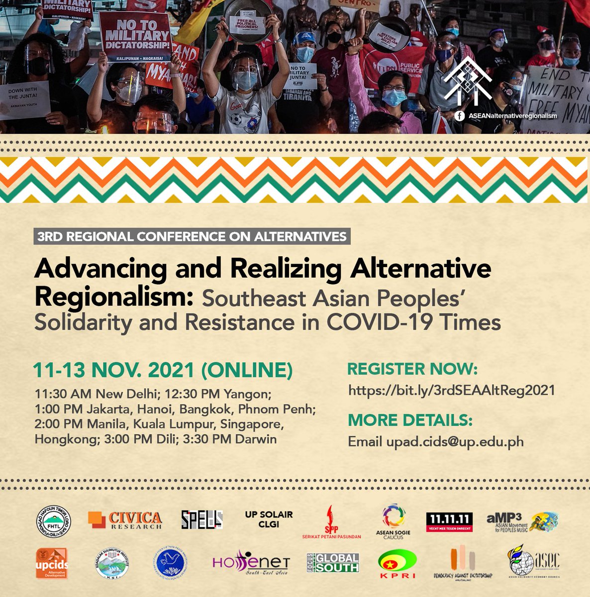 Join us at the 3rd Southeast Asian Conference on Alternatives, "Advancing and Realizing Alternative Regionalism: Southeast Asian Peoples Solidarity &amp;Resistance in COVID-19 Times"!

November 11-13, 2021
Register here: bit.ly/3rdSEAAltReg20…
Open to the Public
Via Zoom &amp; FB Live