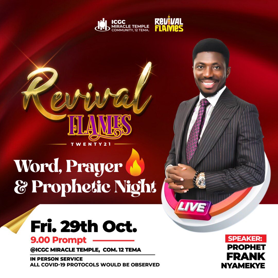 ICGCmiracle's tweet photo. There's going to be a shift in the atmosphere tonight and you can't afford to miss out. Join us for our Revival Flames All Night Service tonight at 9 PM. #IgnitingRevival #WeAreMiracleTemple https://t.co/7d8LBQlW5p