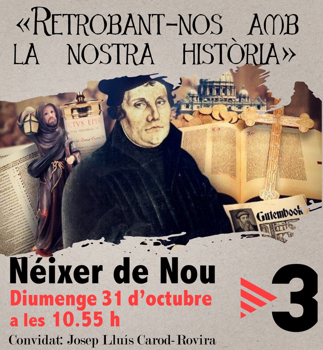 evangelicscat's tweet photo. Coincidint amb el dia de la #ReformaProtestant, aquest diumenge 31 d'octubre tindrem com a convidat en el nostre programa de TV3, Néixer de Nou a @CarodRoviraJLl https://t.co/Taae196iqa