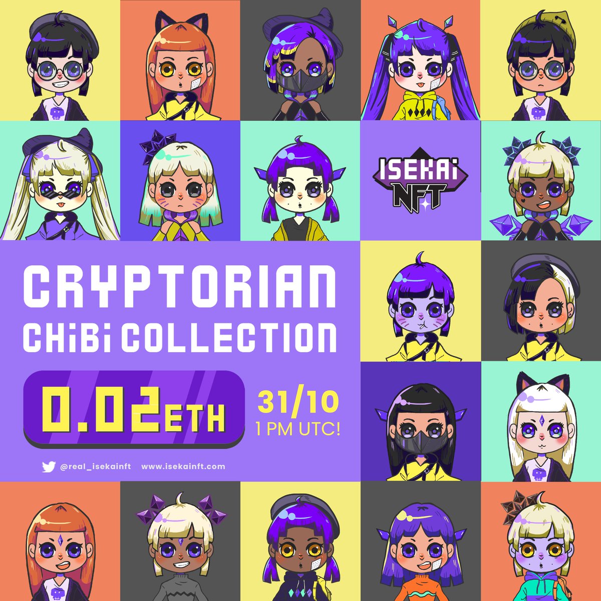 real_isekainft's tweet photo. Our first Cryptorian Chibi collection, inspired by Ethereum, will be dropping this Sunday, 1 pm UTC!
The collection comprises 2,100 uniquely generated Chibi characters.
Join our discord - https://t.co/ItzUsN0v5H for updates and queries 😄
#CryptorianChibi #AnimeNFT #NFTdrop https://t.co/FA38fwTqBd