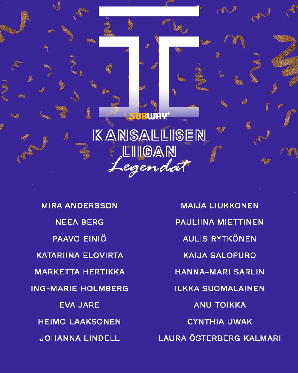 KansallinenL's tweet photo. Ensimmäiset Legendat nimetty Subway Kansallisen Liigan kunniakerhoon!🤩

Ensimmäiset 18 legendaa on nimetty. Nyt nimettävät legendat palkitaan kevään 2022 ensimmäisessä pääsarjaottelussa. #KansallinenLiiga 

Lue lisää➡️ https://t.co/lOvozpmXTE https://t.co/cRKY4epszu