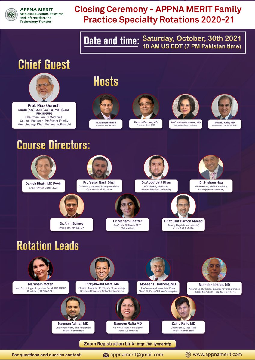 YaranWatan's tweet photo. 🟥 APPNA MERIT WEBINAR!
Closing Ceremony - APPNA MERIT FP Specialty Rotations 2020-21
📕Saturday, 30th October 2021
🕖7:00 PM Pakistan Standard Time
Registration Link for MERIT FP rotations:  https://t.co/uVx44nUbbN https://t.co/KhCcdSOToj