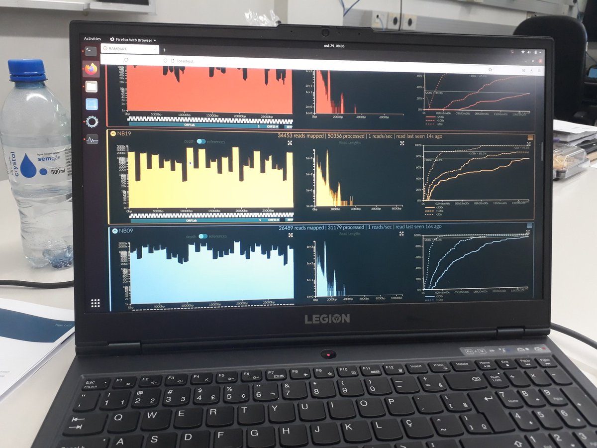 MSA_miguel's tweet photo. 3.38M reads after 15h of run, 23 Sars-Cov2 samples amplified by midnight primer scheme, 707 active pores, 3rd run (YFV and RABV, before). More than 11M reads! @nanopore @aascarpellini @jaderccardoso @Lenovobr @Lenovo #brasilia #UnB #CEVS #CDCT #RS #Brazil #science https://t.co/hgYAMFSFtE