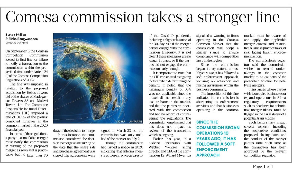 webberwentzel's tweet photo. The COMESA Competition Commission issued its first fine for failure to notify a transaction to the commission within the prescribed time under Article 24 (1) of the COMESA Competition Regulations of 2004 - @burtphill and @elish_10. @BDliveSA 

#CompetitionLaw https://t.co/QROtzwpYGB