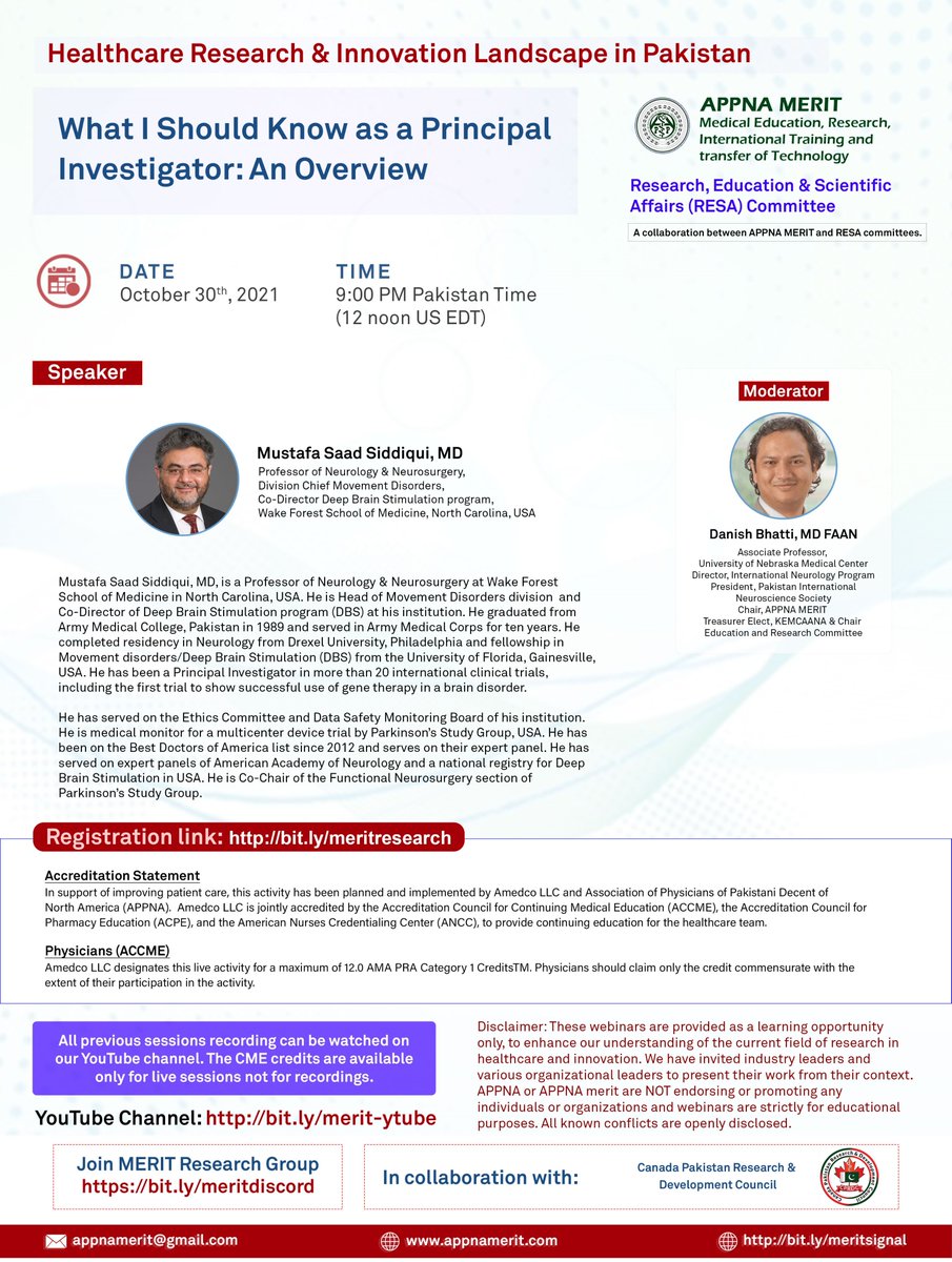 YaranWatan's tweet photo. 🟥 APPNA MERIT WEBINAR!
MERIT Health Care Research in Pakistan – Webinar Series
Topic: What I Should Know as a Principal Investigator: An Overview
📕Saturday, 30th October 2021
🕘9:00 PM Pakistan Standard Time
Registration link: https://t.co/GdvmeFbJeq https://t.co/f88EV98pD0