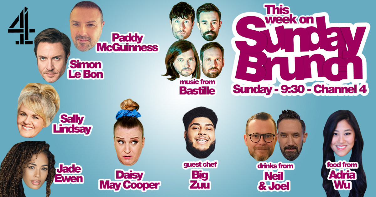 SundayBrunchC4's tweet photo. Tomorrow on #SundayBrunch! 🚨 @PaddyMcGuinness, @SimonJCLeBON, @sally_lindsay, @JadeEwen &amp; #DaisyMayCooper are joining us! 🥳 With food from @adria_wu, drinks from @worldofspirits &amp; GUEST CHEF @ItsBigZuu! 🤩 PLUS LIVE MUSIC from @bastille! 🎶 https://t.co/grLn1xox9w