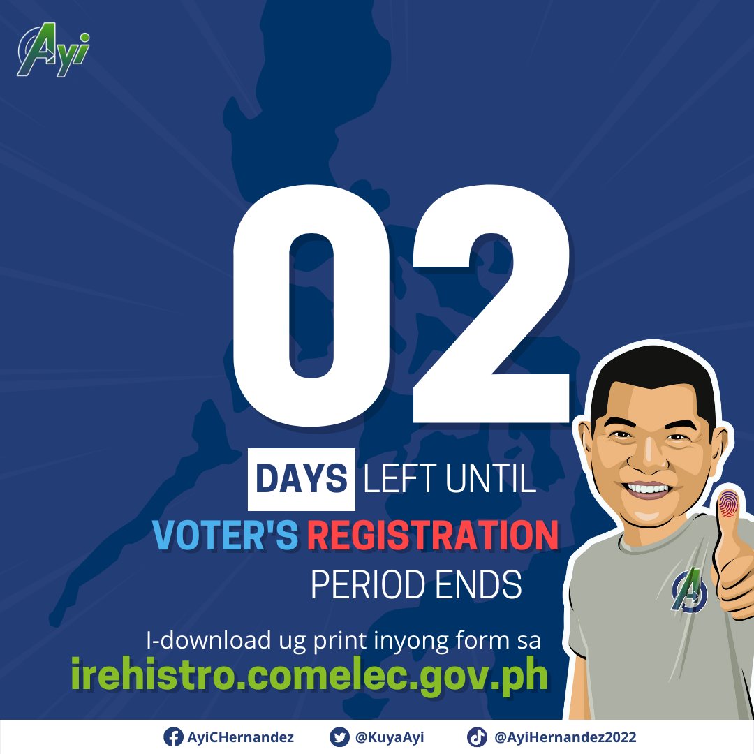 KuyaAyi's tweet photo. 2 days to go, kaabag!!!! Voter's Registration is extended until tom, Oct. 30. Exercise your rights!!!!

Fill-out form from here https://t.co/cHr20uLA9p. 
#AyiRaGyud
#VGsiAyi
#OneMisOrCDO
#KaabagKAMI https://t.co/CNuanX5OZt