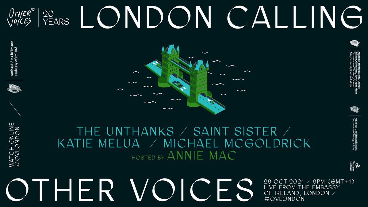 IrelandEmbGB's tweet photo. No plans for the evening? 

Join us &amp; @OtherVoicesLive from 9pm BST for ‘London Calling’, a celebration of musical talent from across these islands!   

Tune in here👉https://t.co/HhPvnpHshb https://t.co/MxHIIlQpFB