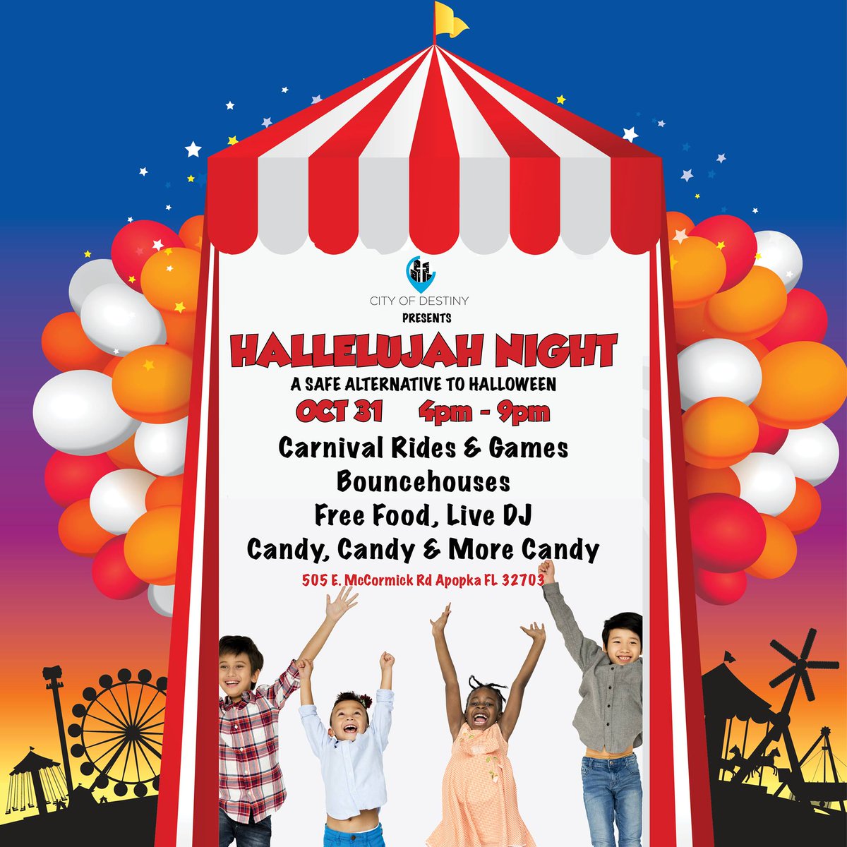 Paula_White's tweet photo. Join us tomorrow for the 10am Sunday Service, then again from 4-9pm ET at #CityOfDestiny 505 E. MCCormick Rd Apopka, FL for our HALLELUJAH NIGHT EXTRAVAGANZA!! A safe alternative to halloween. Carnival rides, bounce houses, Games, FREE food, Live DJ, Candy for the kids and more!! https://t.co/vBJnV4kX7l