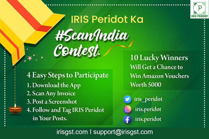 IRISGST's tweet photo. Diwali festivities are just around the corner. #IRISPeridot has brought an exciting contest for you. Participate in our #ScanIndia contest now. 10 Lucky winners will stand a chance to win amazon vouchers worth Rs. 5000. Toh Kuch Dhamakedar ho jaye? .
#gstapp #gstindia https://t.co/n576AtO9UW