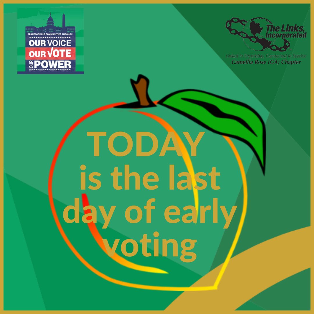 CamelliaLinks's tweet photo. Georgia Early In-Person Voting Ends TODAY, 10/29
Find polling locations and time’s here:
https://t.co/yhTodfYPHH
#YourVoteYourVoice
#OurVoiceOurVoteOurPower
#VoteReady #BacktotheBalloxBox!
#CamelliaRoseLinks #SALinksInc #LinksInc https://t.co/lMuGFKoc2k