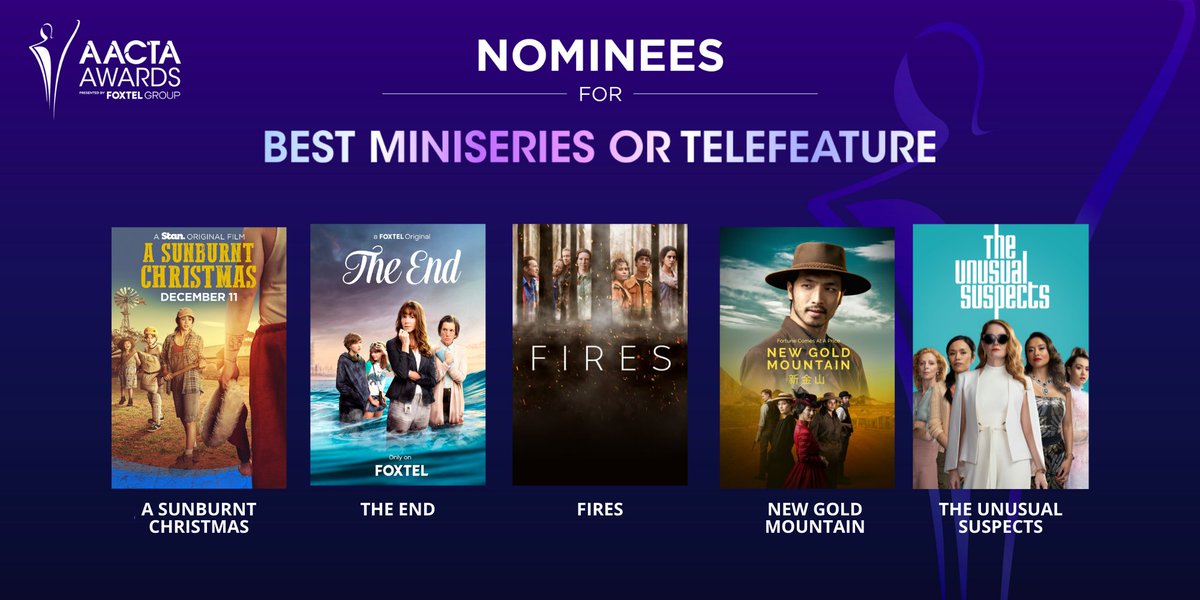 The nominees for Best Miniseries or Telefeature are #ASunburntChristmas, #TheEnd, #Fires, #NewGoldMountain and #TheUnusualSuspects 🤩