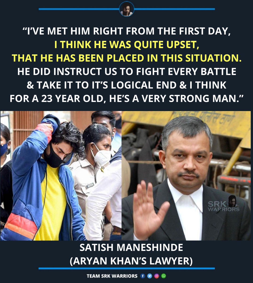 TeamSRKWarriors's tweet photo. "I've met him right from the first day, I think He was Quite upset, that He has been placed in this Situation. He did instruct us to fight every battle &amp; take it to it's Logical End &amp; I think for a 23 Year Old, He's a very Strong Man."❤

: Satish Maneshinde (#AryanKhan's Lawyer) https://t.co/QCKNLTuolI