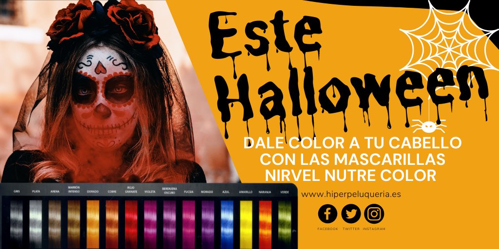 hiperpeluqueria's tweet photo. Este #Halloween 🎃, dale un toque de color a tu #disfraz y a tu #cabello con las #mascarillas #Nirvel Nutre Color.
Ven a #HiperPeluquería y pregúntanos también por nuestro maquillaje de fantasía, extensiones y todo lo que necesites para pasar una NOCHE DE #MIEDO 🦇
#Boo 👻 https://t.co/6tAN2VkUFA