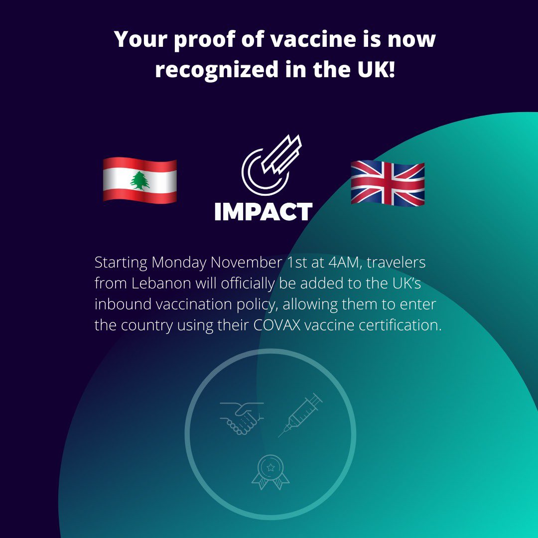 Starting Monday November 1st at 4AM, travelers from Lebanon will officially be added to the UK’s inbound vaccination policy, allowing them to enter the country using their COVAX vaccine certification.
Thank you! <a href="/ukinlebanon/">UK in Lebanon 🇬🇧🇱🇧</a> <a href="/ianfcollard/">Ian Collard</a>