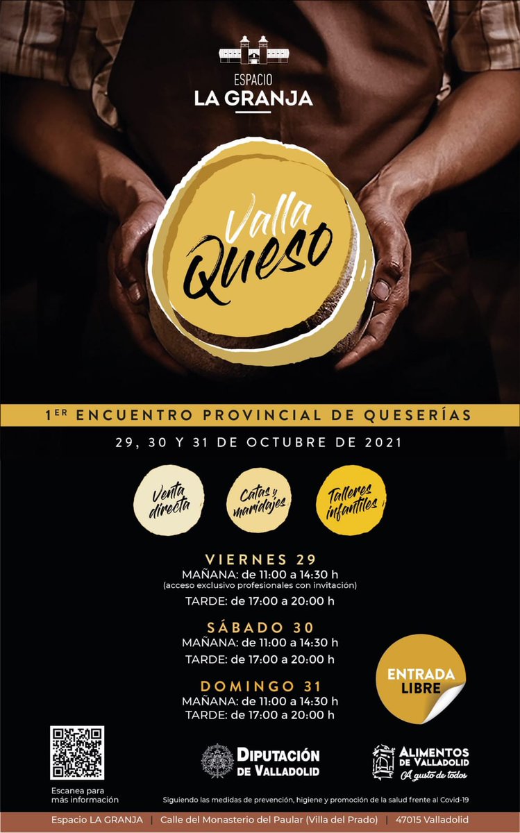 TE ESTAMOS ESPERANDO!
#QueseríaArtesanallasCortas ya estamos en 
#vallaqueso2021
Primer encuentro provincial de queserías

📆 29, 30 y 31 de octubre
🧑‍🌾 Espacio La Granja

Diputación Provincial de Valladolid