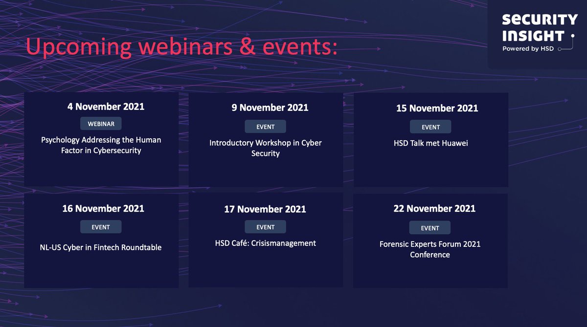 HSD_NL's tweet photo. It's almost November, and there are several events coming up!
Including events of partners @SecuraBV , @EclecticIQ , @RVO_Nederland , @InnoQuarter , #Isuna and more!
And we organise HSD Cafés including Crisismanagement and a talk with partner @Huawei.
https://t.co/OiKtpLjwIS https://t.co/HuO1UT0aMn