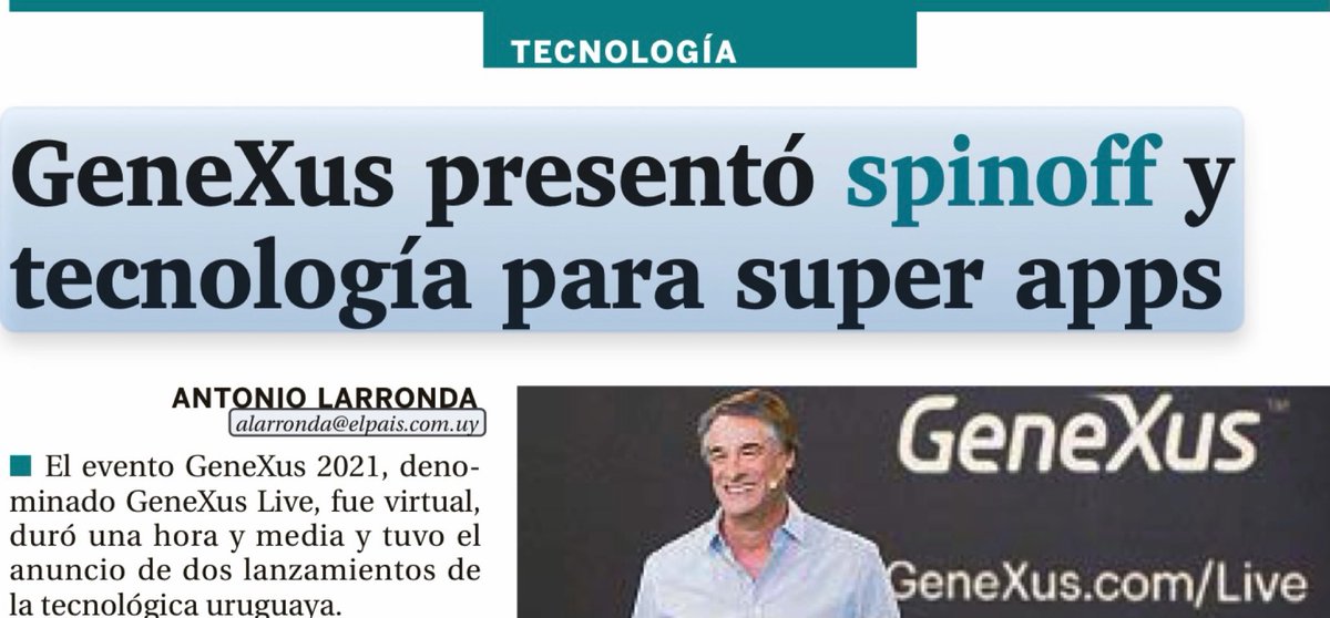 2 novedades de <a href="/GeneXus/">GeneXus</a>: 1) nuevo spinoff para apoyar diseños de apps y 2) tecnología para super apps como la china WeChat; vía #ElEmpresario de <a href="/ElPaisUY/">EL PAÍS</a>.
👉🏼elpais.com.uy/el-empresario/…