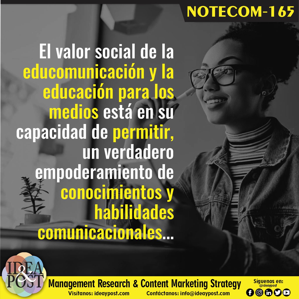 ideaypost's tweet image. La educomunicación y la educación para los medios buscan de forma integral, la mejora de las competencias comunicacionales de la sociedad.

Síguenos en #ideaypost o visita nuestro #blog en ideaypost.com y conoce más #notecom sobre Comunicación para el Desarrollo.
