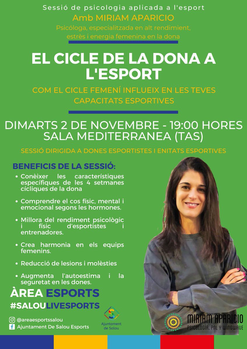 AjuntamentSalou's tweet photo. 🗓 Este próximo martes, 2 de noviembre, a las 19 h, se llevará a cabo la segunda sesión 'El ciclo de la mujer en el deporte', a cargo de la psicóloga Miriam Aparicio, en la Sala Mediterrània del Teatro Auditorio de #Salou (TAS). https://t.co/G75JJk3W7n