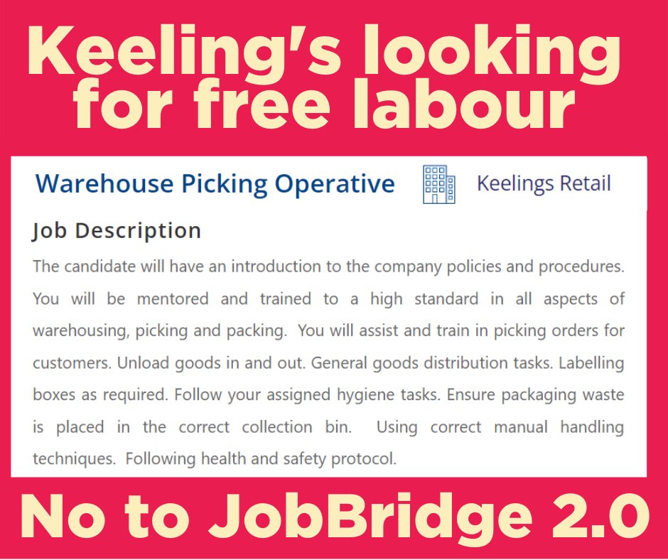 scambridgeie's tweet photo. Remember last year when @keelingsfruits put workers at risk of Covid to save money?
Now you too can get that super-exploited feeling by working for Keelings for €3.43 an hour on #JobBridge
Job: https://t.co/zDOPeTBdxr
Petition to scrap JobBridge 2.0: https://t.co/BBcbmwWdUW https://t.co/mPm7f3mFQ7