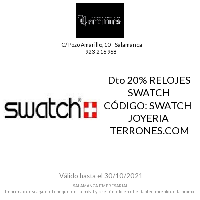 SaEmpresarial's tweet photo. Cheque promocional de Joyería Relojería Terrones  en https://t.co/Z1pAKeWvbV
Descuento del 20% en #relojes Swatch.
¡¡¡Descarga el cheque y ahorra!!!
#salamancaempresarial #promocionesalamanca  #compraensalamanca #comerciodesalamanca #salamanca https://t.co/xKkAZx8obU