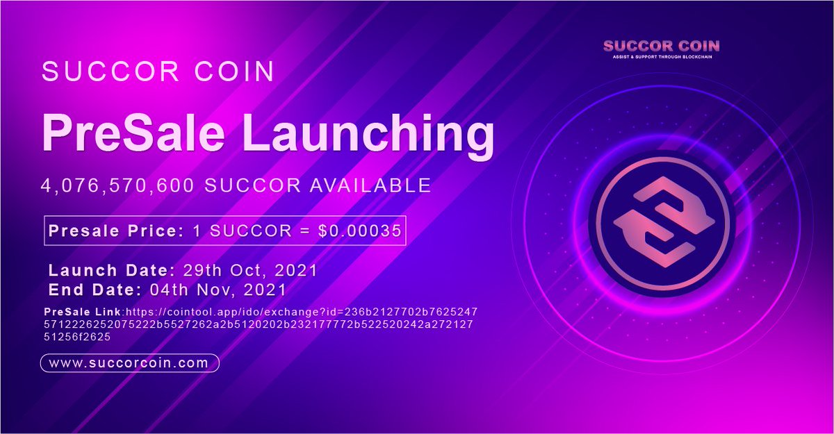 Dear, Succor Coin Community.❤️

We are very excited to announce launch Our Presale On Cointool

Presale Price: 👇👇
1 SUCCOR : $0.00035 🚀 🚀

Presale Link: 👇👇👇

cointool.app/ido/exchange?i…

👆👆👆👆👆👆👆👆👆👆👆

Note: Our Pre-Sale is Only On Cointool. Don't Buy From Pancakeswap