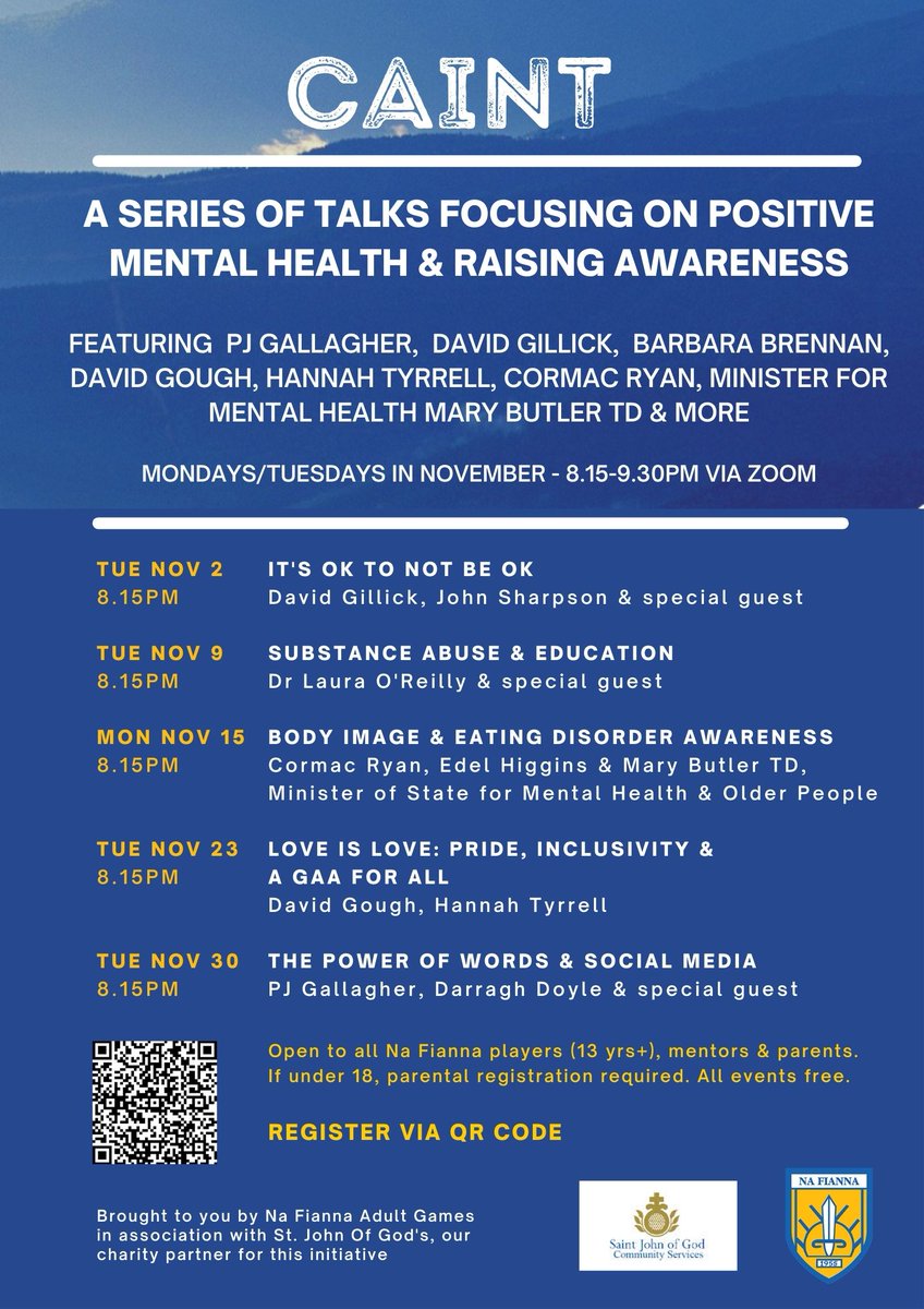 CAINT - a series of talks focusing on positive mental health in Nov. Amazing line-up: do come! 
Details below 👇

This initiative is led by Senior Hurlers as part of their p'ship with <a href="/SJOGMHealth/">St John of God Hospital</a>. FREE but you can donate to our charity partner here: clgnafianna.clubifyapp.com/products