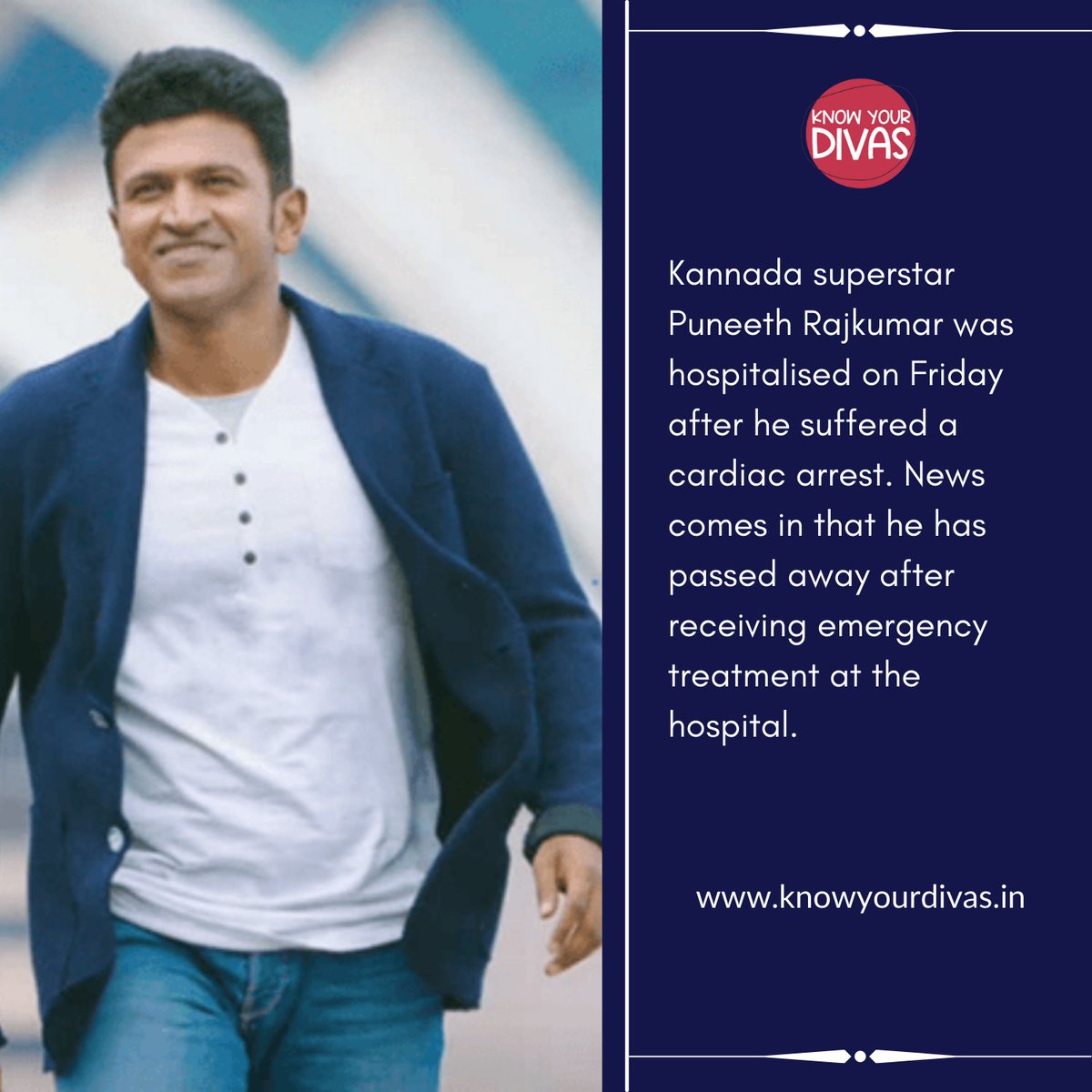 knowyourdivas's tweet photo. Kannada superstar Puneeth Rajkumar was hospitalised on Friday after he suffered a cardiac arrest.
.
.
For more details visit- https://t.co/VpFFjta8Qg
.
.
#puneetrajkumar #kannada #superstar #suffered #cardiacarrest #death #rip #hospital #life #heartbroken #news #knowyourdivas https://t.co/mQ9UtBmXk9