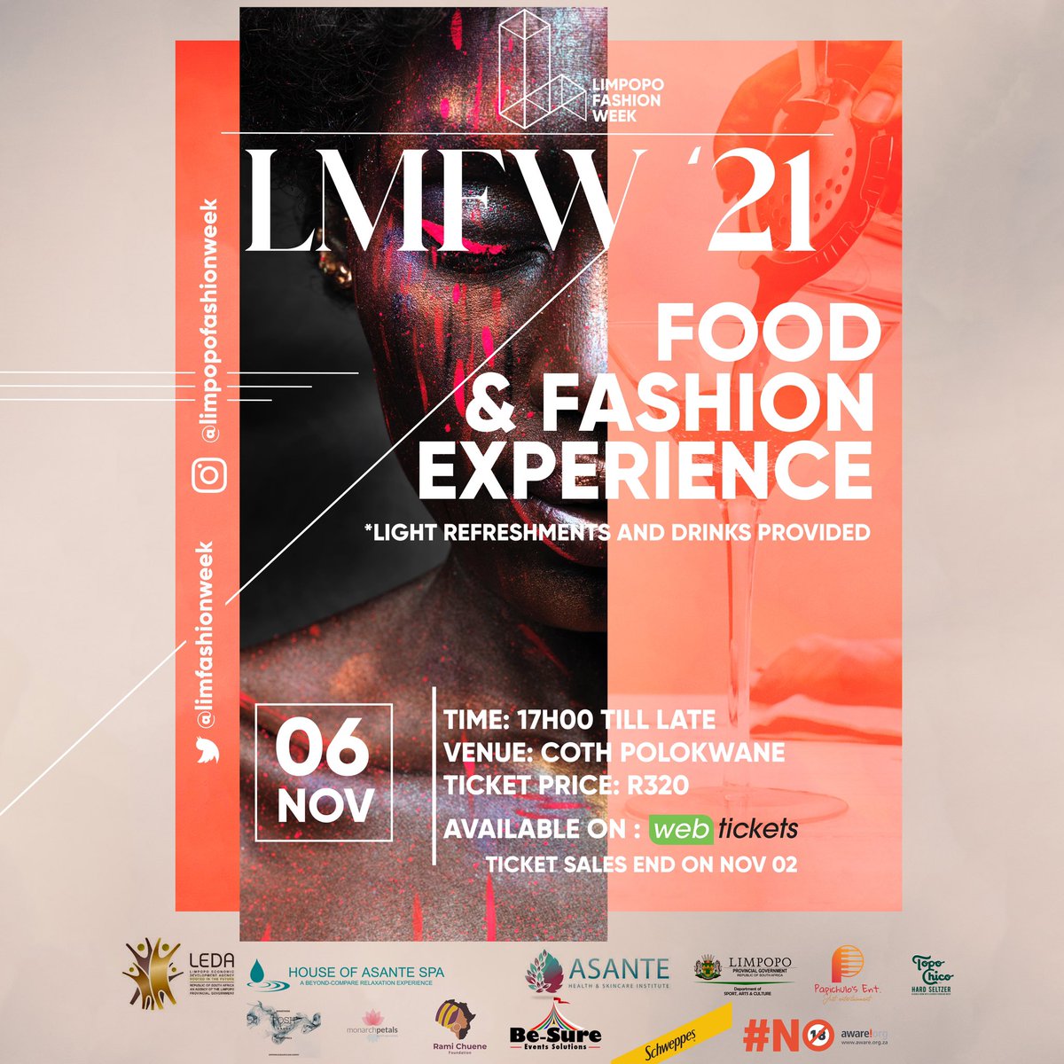 Bringing you Limpopo’s first ever Food and Fashion experience. Get your tickets on Webtickets <a href="/R320/">Jan Jaap Scholing</a>, Food and drinks included. You don’t wanna miss this one!🔥😤
🚨Tickets sales and 2 November🚨
Contact us for ticket corporate packages😉

#LimpopoFashionWeek21
#LMFW2021 #LMFW21