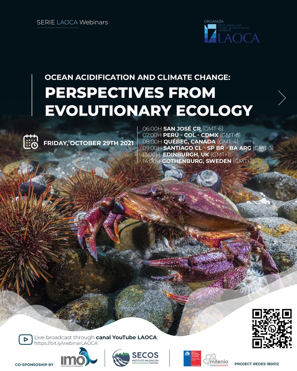 MilenioSecos's tweet photo. ¡Ya estamos en vivo! 📣 En el webinar #LAOCA, @imochile y #SECOS de hoy, estaremos con Sinead Collins, de @EdinburghUni; Piero Calosi, de @UQAR y Sam Dupont, de @goteborgsuni.
Únete a la conversación en 👉https://t.co/VWYO5Z1Htj https://t.co/MTdeO62JP4