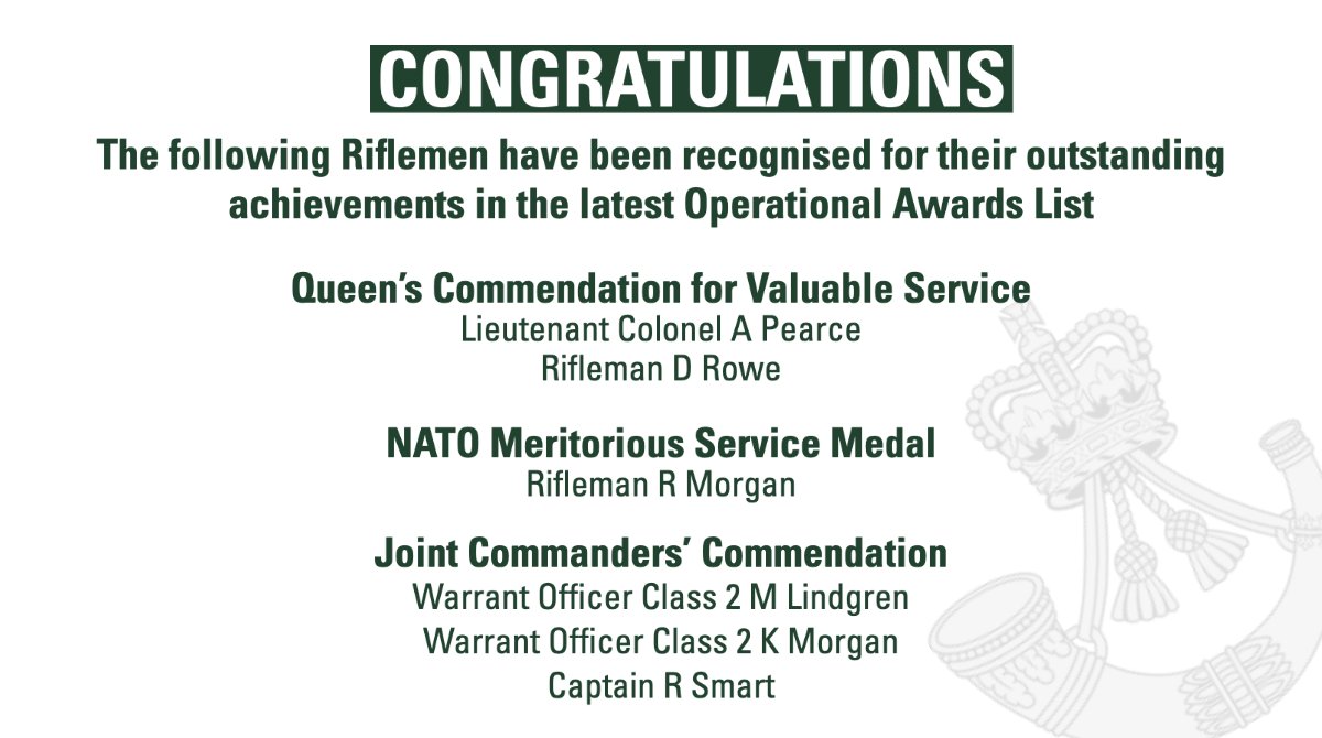 We are proud to announce that six of our Riflemen have been recognised for outstanding achievements across the world in the Operational Honours and Awards List, released today. Read more here: army.mod.uk/news-and-event… #WeAreSkilled