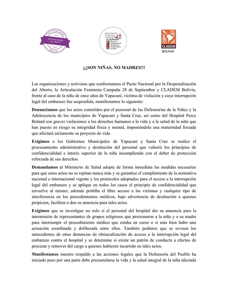 CatolicasBo's tweet photo. Organizaciones y activistas de Bolivia nos pronunciamos por la violación de los derechos humanos de la niña víctima de violencia sexual en Yapacaní. 

¡EN UN MUNDO JUSTO NO HAY NIÑAS MADRES!

#NinasNoMadres
#EmbarazoInfantilEsTortura
#IglesiaYEstadoAsuntoSeparado https://t.co/a7STyx4Zen