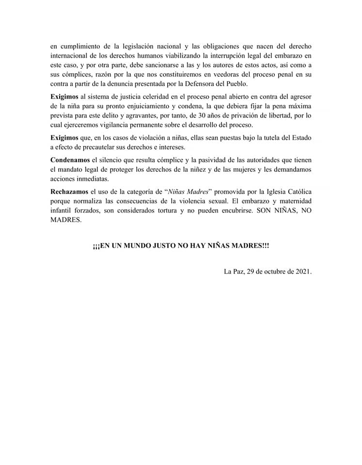 CatolicasBo's tweet photo. Organizaciones y activistas de Bolivia nos pronunciamos por la violación de los derechos humanos de la niña víctima de violencia sexual en Yapacaní. 

¡EN UN MUNDO JUSTO NO HAY NIÑAS MADRES!

#NinasNoMadres
#EmbarazoInfantilEsTortura
#IglesiaYEstadoAsuntoSeparado https://t.co/a7STyx4Zen
