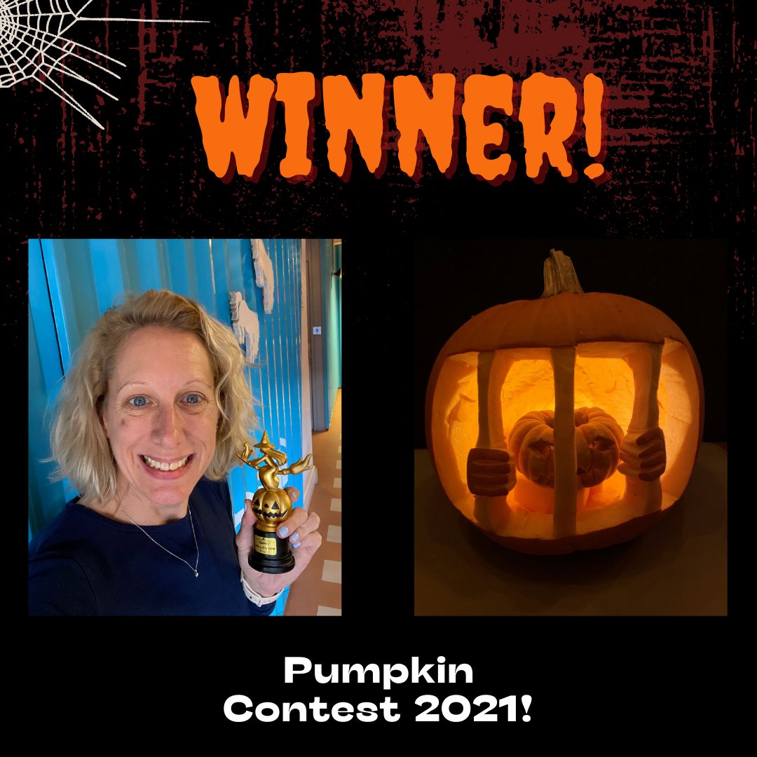 Bronco's tweet photo. This years winner of the annual #PumpkinCarving Contest... goes to Becky! 🎃🎉

Our independent judge voted for pumpkin "C"! 👻

The standard was high this year &amp; all entries were fantastic!

-Runner up, pumpkin "H" - Adam
-3rd place, pumpkin "A" - Sian

'Till next year! https://t.co/sMVuVMFV6M