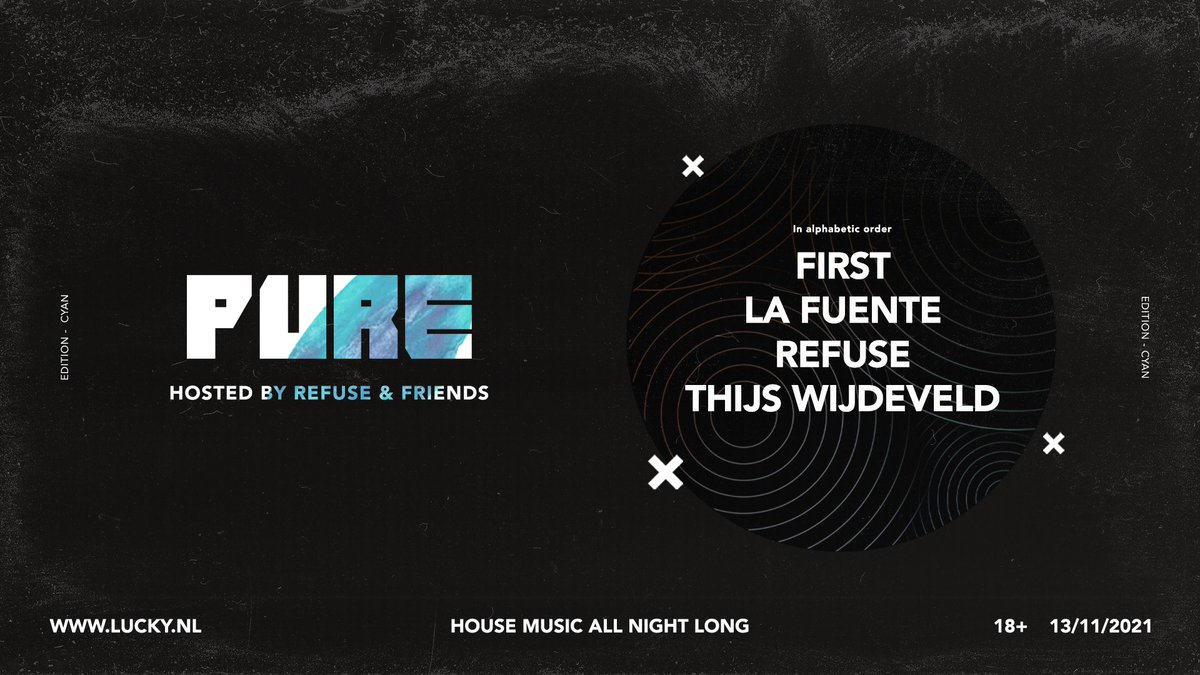 Vunzige house met een smerig lekker techno randje: PURE it is! 🤤 Kom op zaterdag 13 november samen met LA FUENTE, FIRST BEATS , REFUSE en THIJS WIJDEVELD viben op heerlijke beats! 🍀Tickets zijn nu te koop voor slechts €5,- ex fee via s.lucky.nl/pureisback-tw