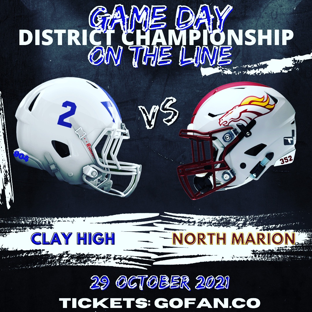 Clay High Athletics (@clay_athletics) on Twitter photo Game Day! Best Day of the Week!
Clay travels to North Marion for the District Championship! 7 PM!
<a href="/oneclaysports/">Clay County Athletics</a> <a href="/CFreemanJAX/">Clayton Freeman</a> <a href="/Clay_Crazies/">Clay Crazies</a> <a href="/ClayTodaySports/">Randy T Lefko</a> <a href="/ClayHSFootball/">Clay High Football</a> @TeamClayHigh1 <a href="/Coach_Kennard42/">Kyle Kennard</a> <a href="/JustinBarneyTV/">Justin Barney</a> Game Day! Best Day of the Week!
Clay travels to North Marion for the District Championship! 7 PM!
<a href="/oneclaysports/">Clay County Athletics</a> <a href="/CFreemanJAX/">Clayton Freeman</a> <a href="/Clay_Crazies/">Clay Crazies</a> <a href="/ClayTodaySports/">Randy T Lefko</a> <a href="/ClayHSFootball/">Clay High Football</a> @TeamClayHigh1 <a href="/Coach_Kennard42/">Kyle Kennard</a> <a href="/JustinBarneyTV/">Justin Barney</a>