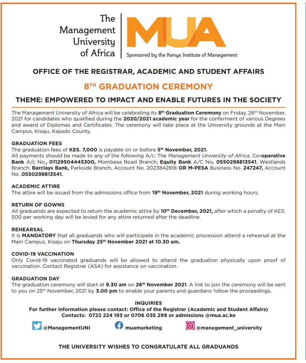 ManagementUNI's tweet photo. Graduands kindly take note of this notice.
#MUA8thgraduation
#enablingfutures
#impactingprogress https://t.co/yj2xJOj7gp