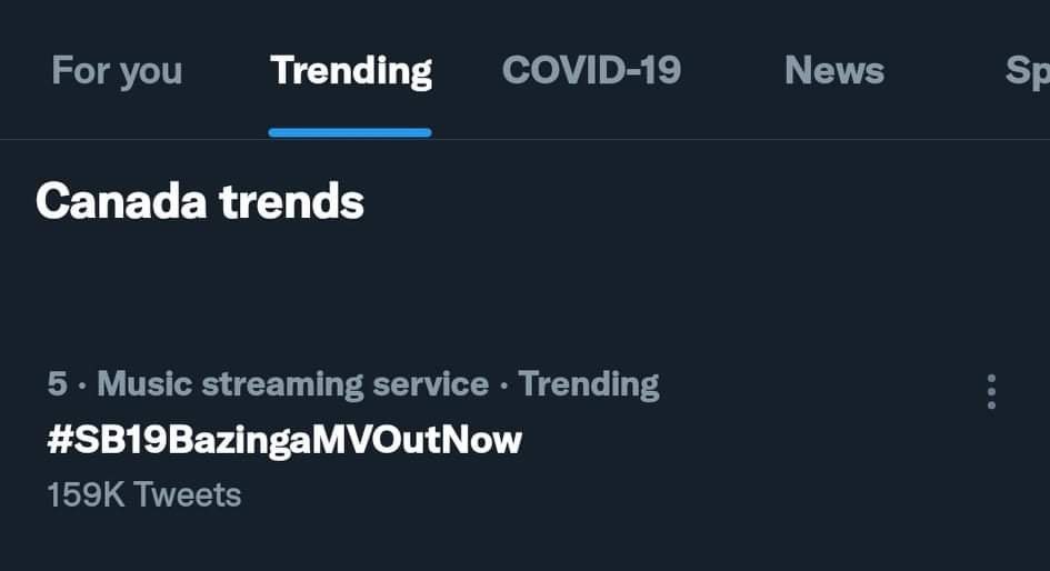 SB19TrendsPH's tweet photo. [ TRENDING ALERT WORLDWIDE ]

We are also trending at #5 in Canada! 🤩

Just keep on sharing your thoughts using the tags. Thank you!

SB19BAZINGA MVRelease
@SB19Official 
#SB19BazingaMVOutNow https://t.co/bfnDXCxWDa