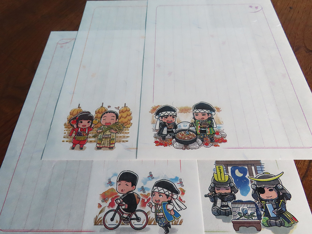 伊達武将隊オンラインショップではイラスト便箋も販売中です。秋ver.での武将様達は広瀬川で芋煮を楽しんだり、ほんにょ(稲の干し方)の前で収穫を喜んだり。自転車に乗る芭蕉さんも居ますよー #伊達武将隊 
https://t.co/RWiOI1igxu 