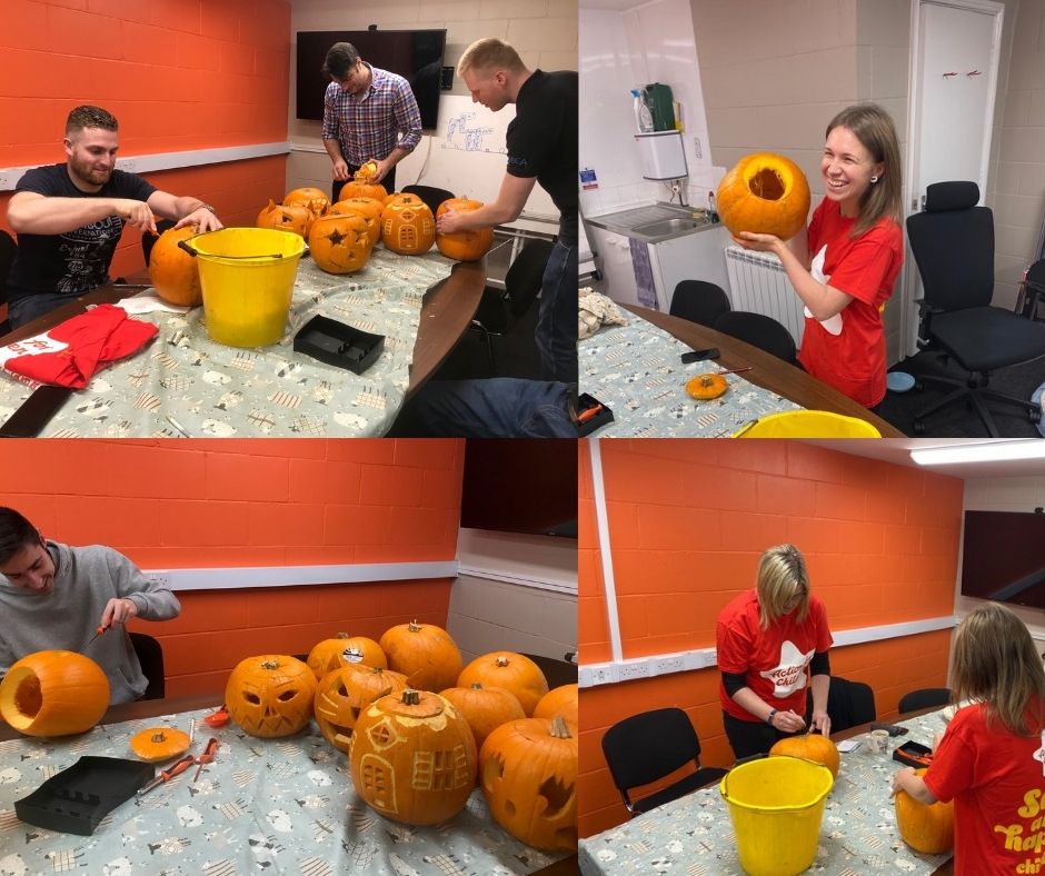 DiamondControls's tweet photo. Just take a look at these creations! After judging from two special guests, it was announced that Paul was the winner of our comp! Great fun and we raised over £200 for our chosen charity @actnforchildren 
#halloween2021 #pumkincarving #PumpkinChallenge https://t.co/KSrdidFi1W
