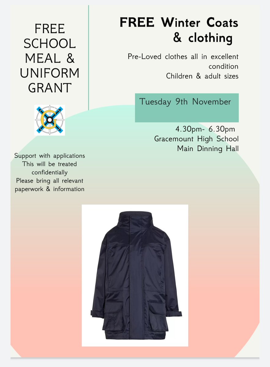 We are inviting our parents &amp; carers into school on Tues 9th November. We will be offering support with completing the Free School Meal &amp; Uniform grant forms aswel as lots of adult &amp; children's winter coats/ clothing. Refreshments will be provided 🤗@Gracemounthigh <a href="/GracemountPS/">Gracemount Primary School</a>