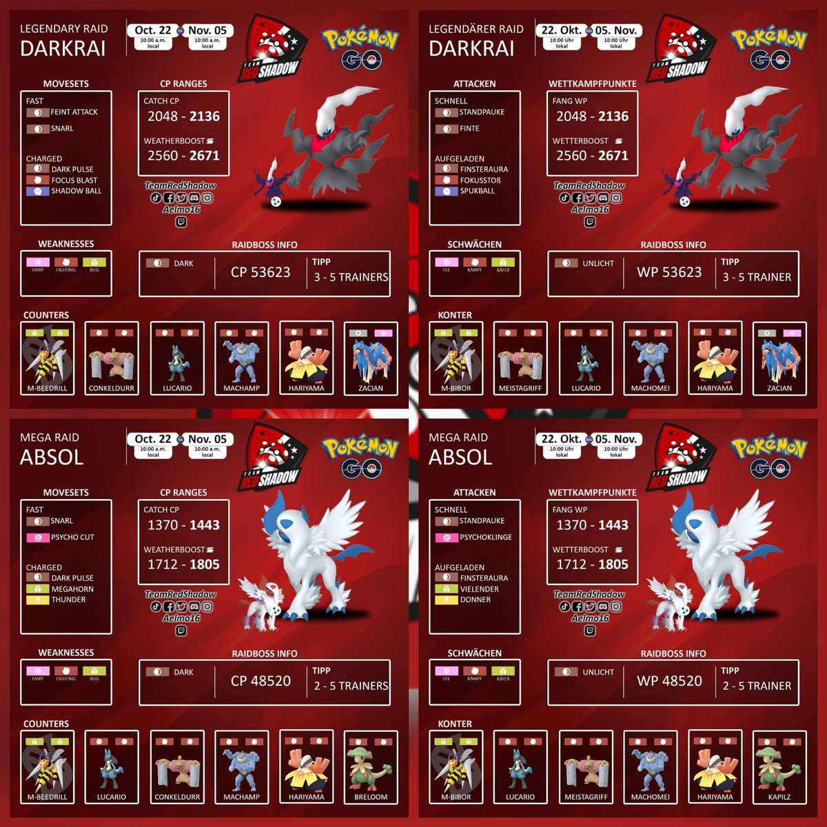 KannstexKnicken's tweet photo. Spezial-Raid-Wochenende mit
Mega-Absol und Darkrai 
Morgen 30.10.2021 
10:00 Uhr bis  
31. Oktober 2021 
20:00 Uhr
💯✨🍀

#PokemonGO 
#PokemonGoRaids 
#TeamRedShadow
#Darkrai #DarkraiRaid
#absol #MegaAbsol 
#AbsolRaid #PokemonGOHalloween https://t.co/ROhfu91Qjk