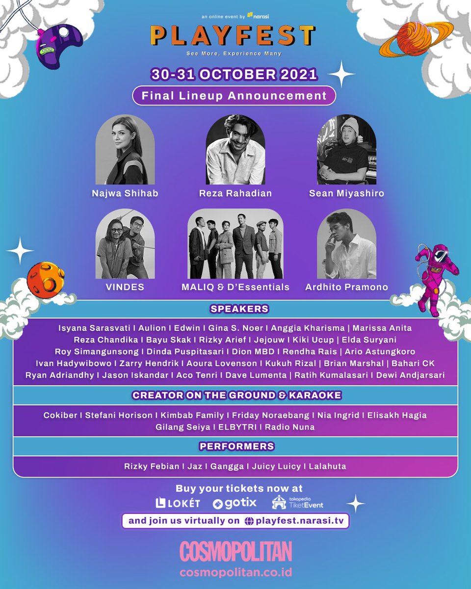 CosmoIndonesia's tweet image. PLAYFEST IS BACK!
Temukan pembahasan menarik seputar creative industry, bahkan kamu bisa berkolaborasi dengan para creator.

📌 30-31 Oktober 2021 on playfest.narasi.tv
📌 Tiket: 

Stay tuned di @playfestnarasi 

#Playfest2021 #MoreVirtualExperience