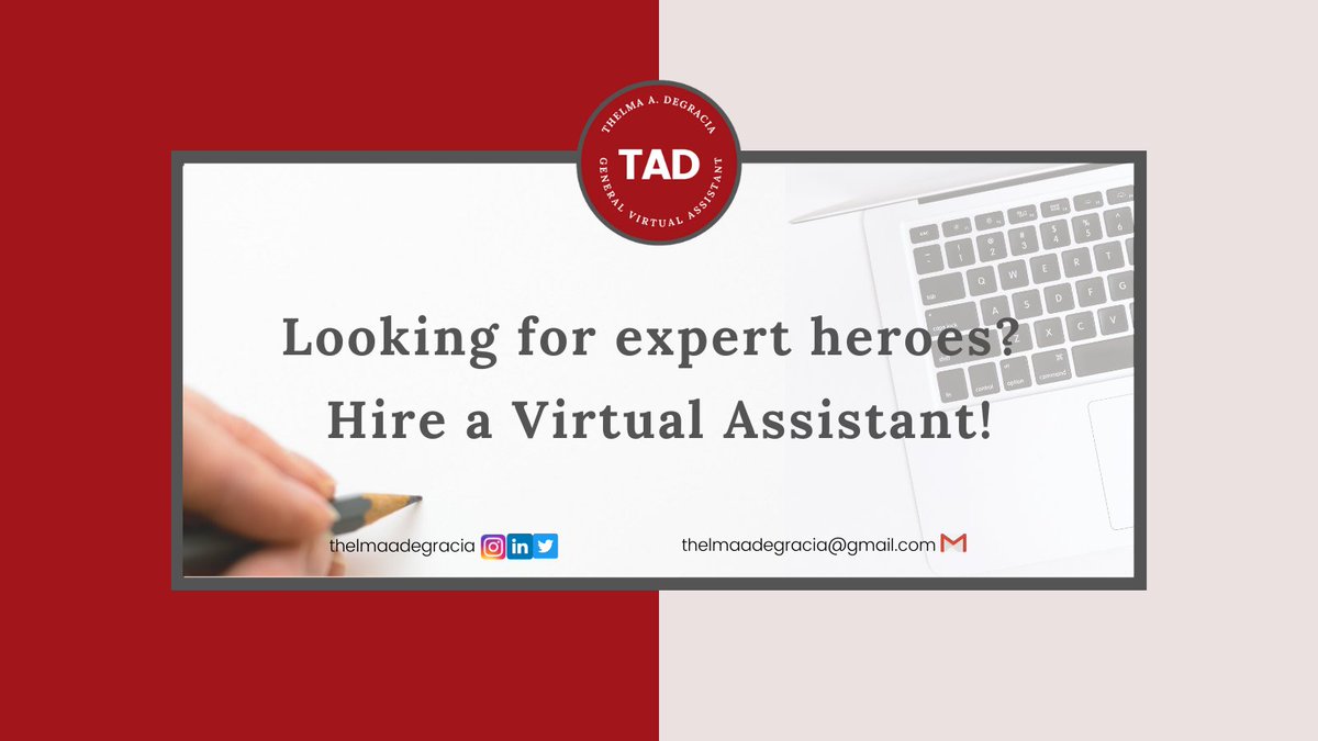 ThelmaVirtual1's tweet image. Need Help for your business?

Do not call for Avengers! Instead, Hire a Virtual Assistant!💻
With the help of a Virtual Assistant, surely your life will become stress free.

#workfromhome #virtualassistant #benifitsofvitualassistant #Socialmediamarketing #callforVA #Businesshero